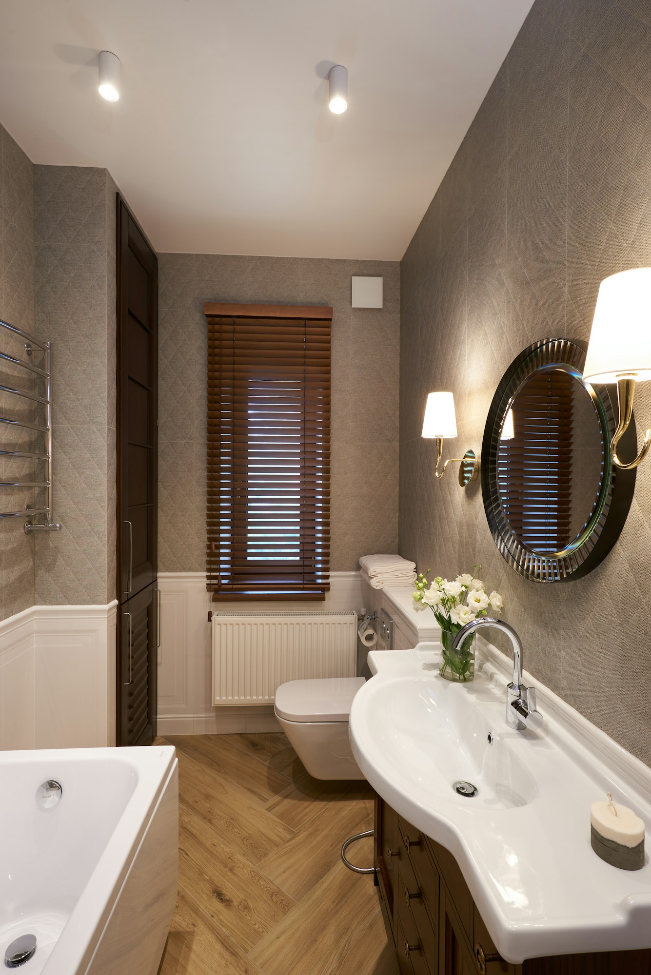 Modern Bathroom interior with stone wall, mirror and shower.